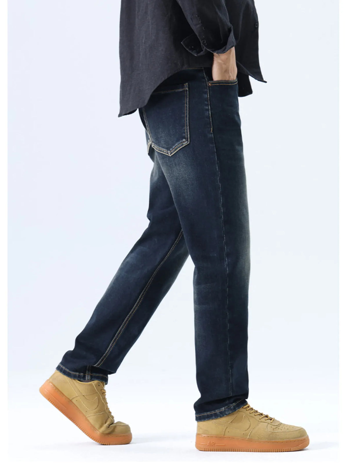 Men's washed blue straight leg jeans, regular fit, stretch denim