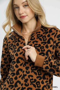 Leopard Print Quarter Zip Sweatshirt Women's Pullover with Front Pocket