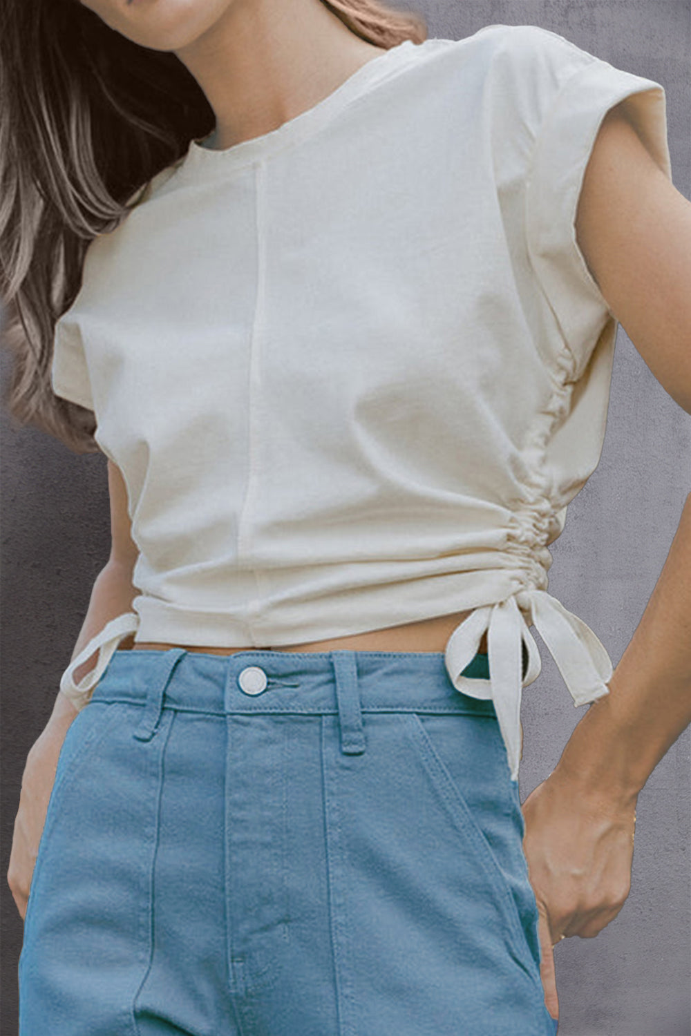 Drawstring Round Neck Cap Sleeve Blouse Trandify deal