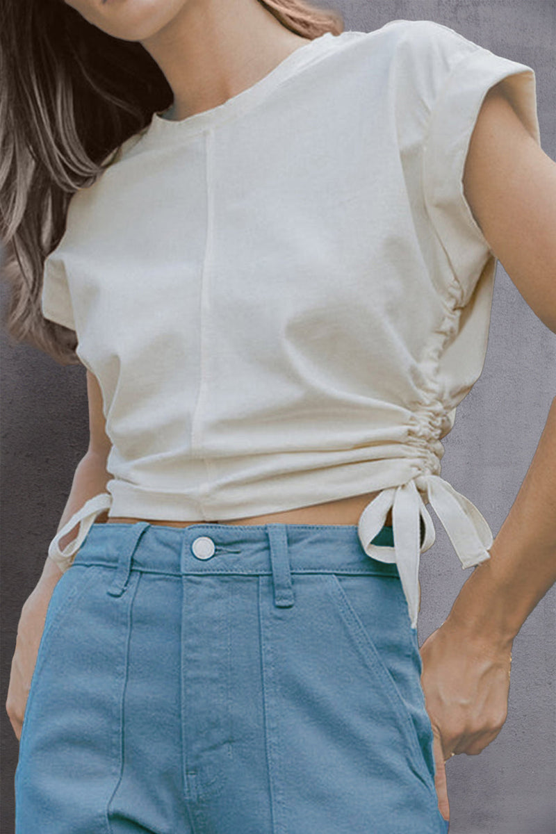 Drawstring Round Neck Cap Sleeve Blouse Trandify deal