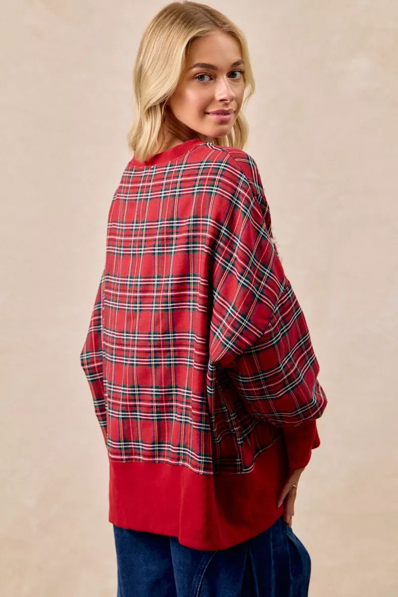 BiBi Women's Oversized Christmas Plaid Sweatshirt - Holly Jolly Holiday Party Top - Red Plaid Shirt