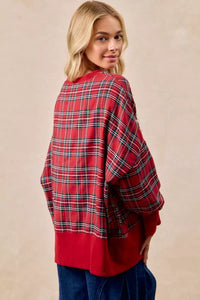 BiBi Women's Oversized Christmas Plaid Sweatshirt - Holly Jolly Holiday Party Top - Red Plaid Shirt
