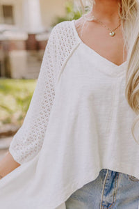 Trendy Openwork High-Low Hem V-Neck Oversized Top for Women – Casual & Boho Chic Blouse
