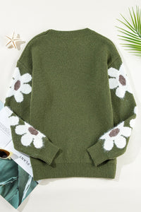 Flower Round Neck Long Sleeve Sweater Trandify Deal