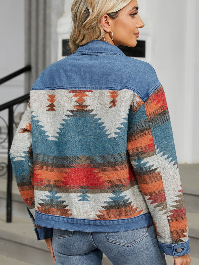 Geometric Button Up Long Sleeve Denim Jacket Trandify Deal