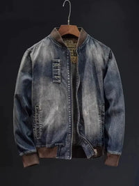 Men's plus size washed denim bomber jacket