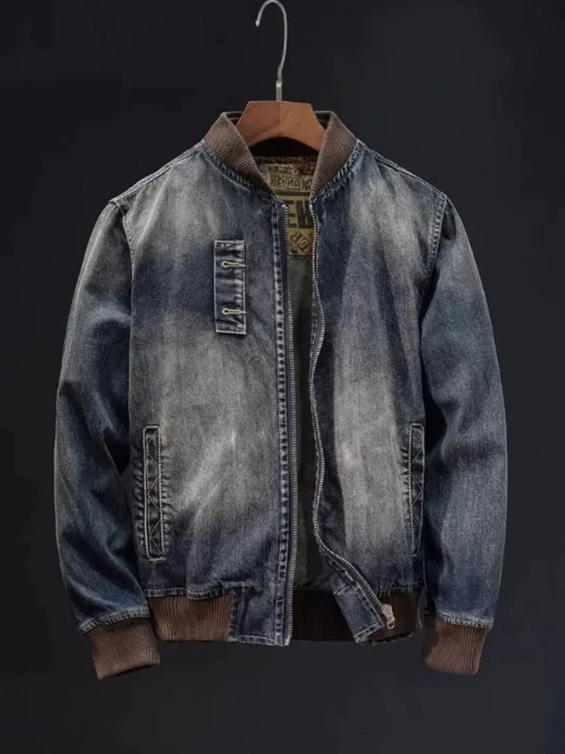Men's plus size washed denim bomber jacket