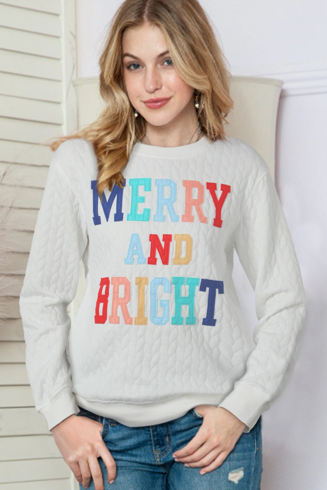 Full Size MERRY AND BRIGHT Cable Knit Pullover Sweatshirt Trandify Deal