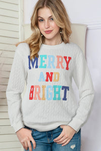 Full Size MERRY AND BRIGHT Cable Knit Pullover Sweatshirt Trandify Deal