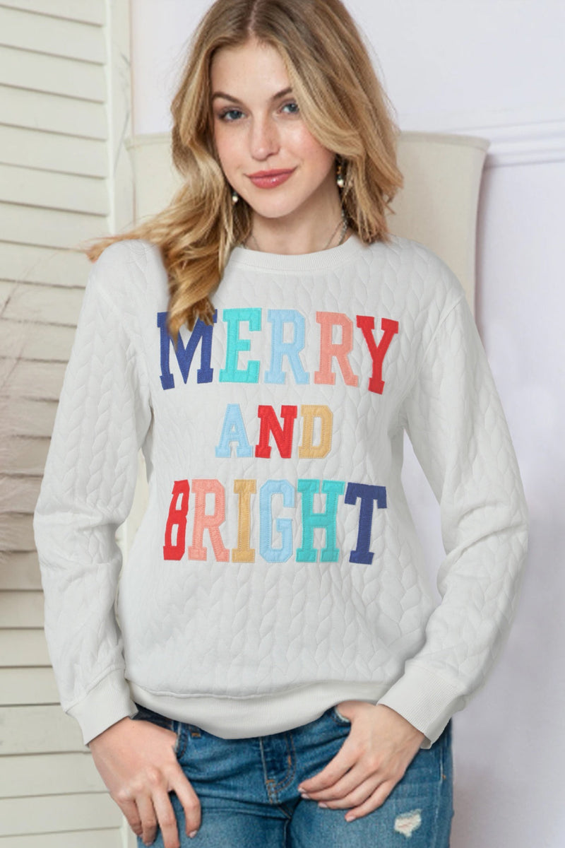 Full Size MERRY AND BRIGHT Cable Knit Pullover Sweatshirt Trandify Deal