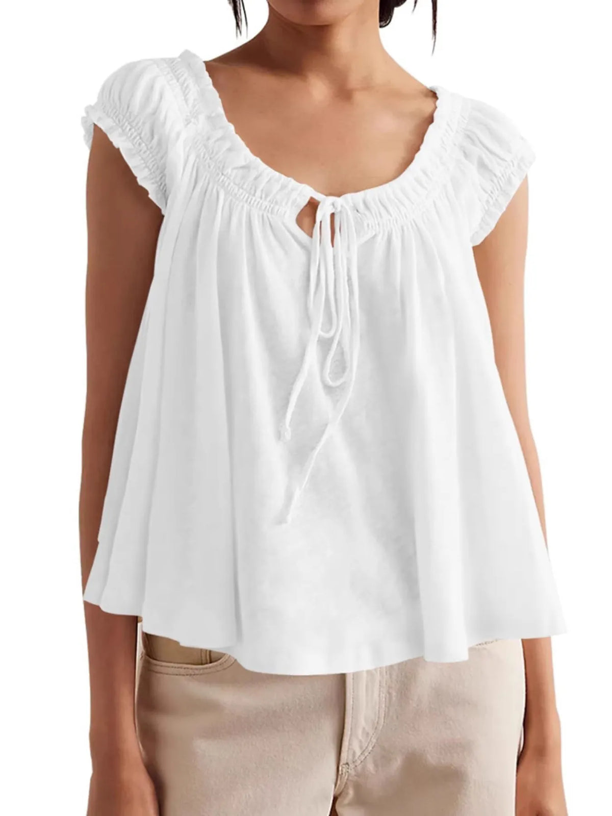 Women’s Tie-Front Smocked Blouse in white – Boho Chic Ruffled Sleeve Top for Summer