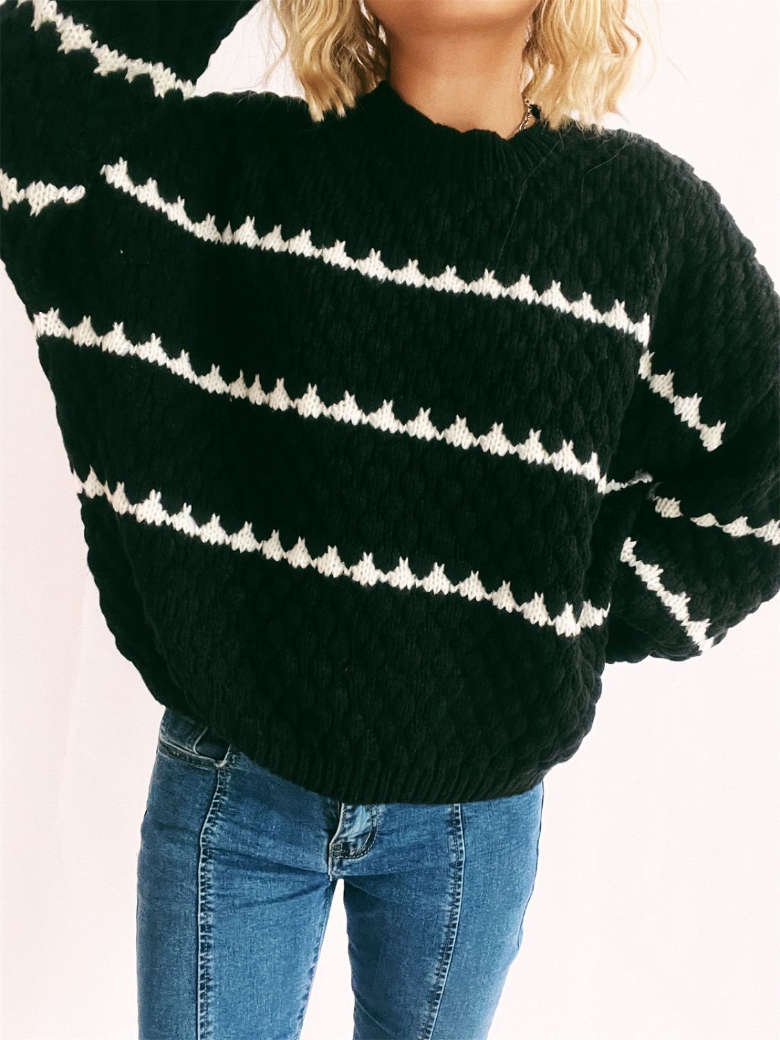 Contrast Stripes Round Neck Long Sleeve Sweater Trandify Deal