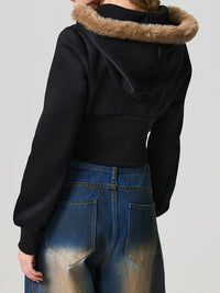 Zip Up Long Sleeve Fuzzy Hem Hooded Jacket Trandify Deal