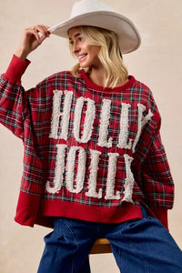 BiBi Women's Oversized Christmas Plaid Sweatshirt - Holly Jolly Holiday Party Top - Red Plaid Shirt