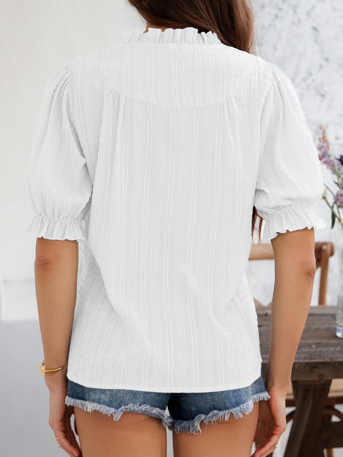 Women’s Devine Frill Notched Short Sleeve Blouse – Ruffled V-Neck Top for Casual & Office Wear
