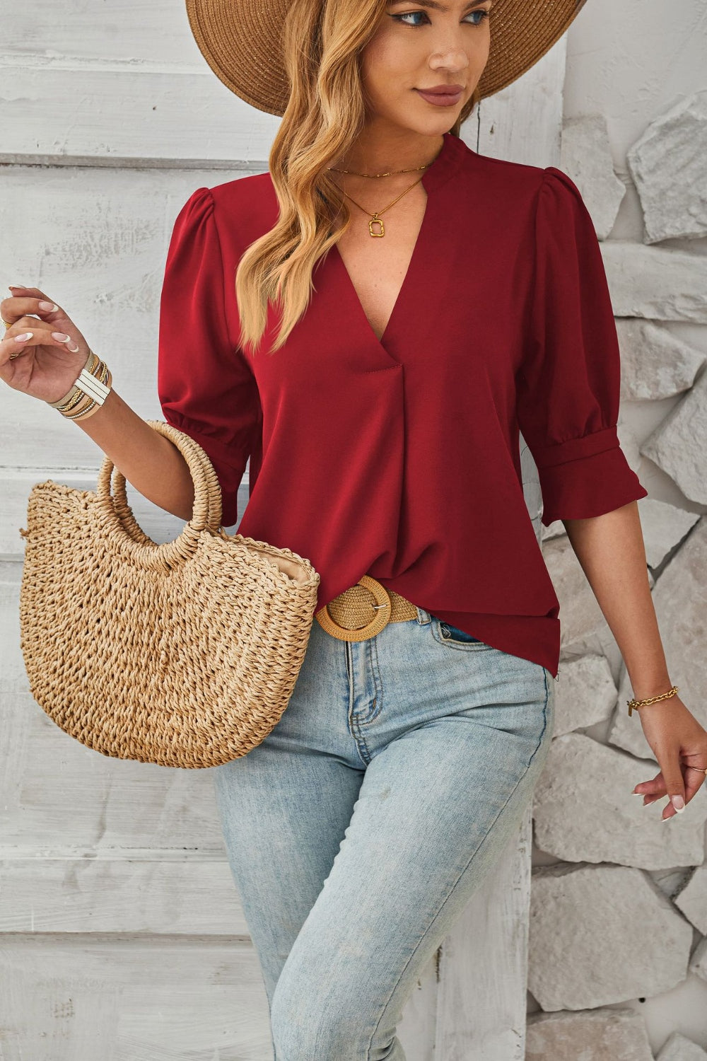 Notched Half Sleeve Blouse Trandify deal