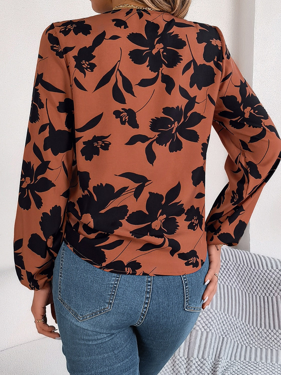 Printed V-Neck Long Sleeve Blouse Trandify deal