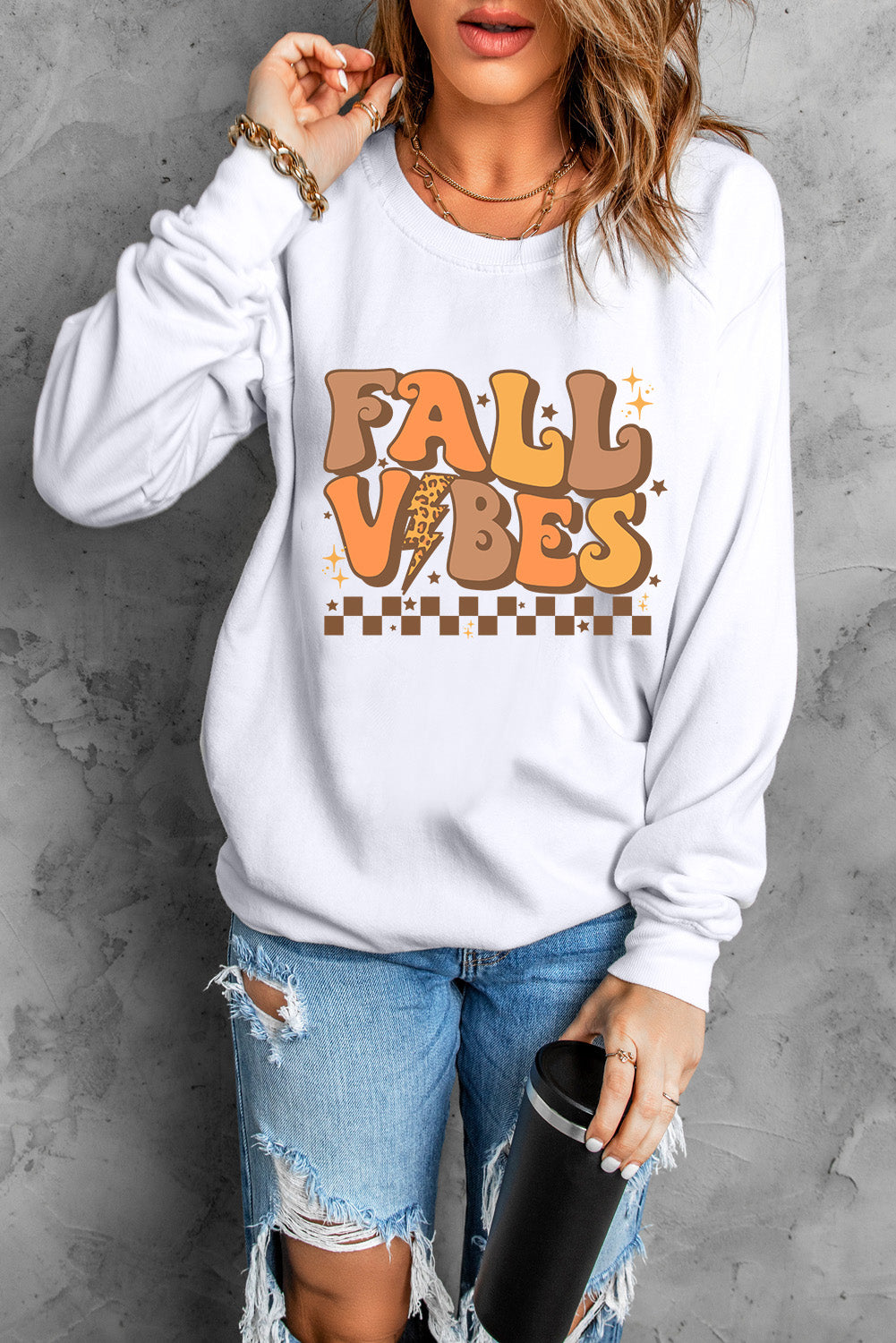 Letter Graphic Round Neck Long Sleeve Sweatshirt Trandify Deal