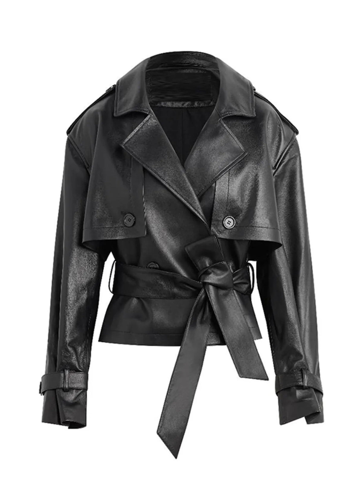 Classic Women’s Black Leather Jacket – Water-Resistant Long Trench Coat for Office Wear