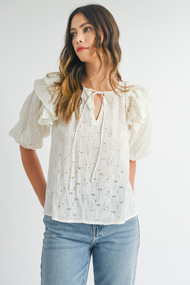 MABLE Eyelet Lace Ruffle Shoulder Puff Sleeve Blouse Trandify deal