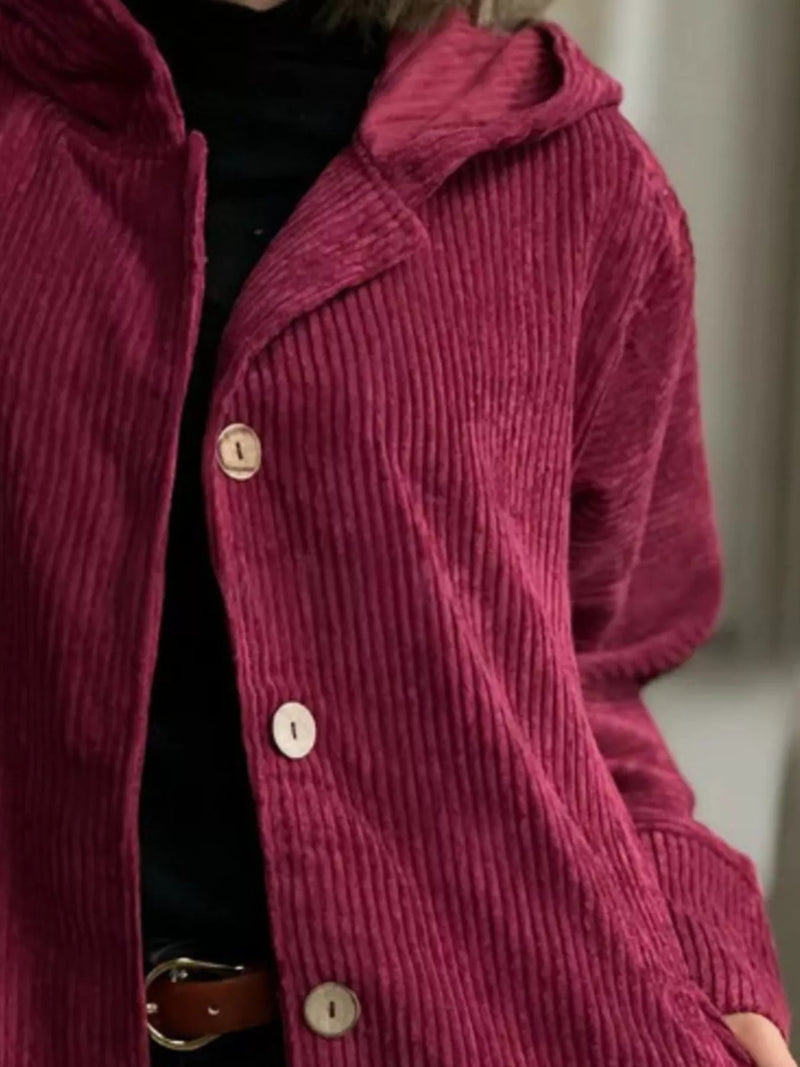 Plus Size Corduroy Shacket - Hooded Ribbed Jacket