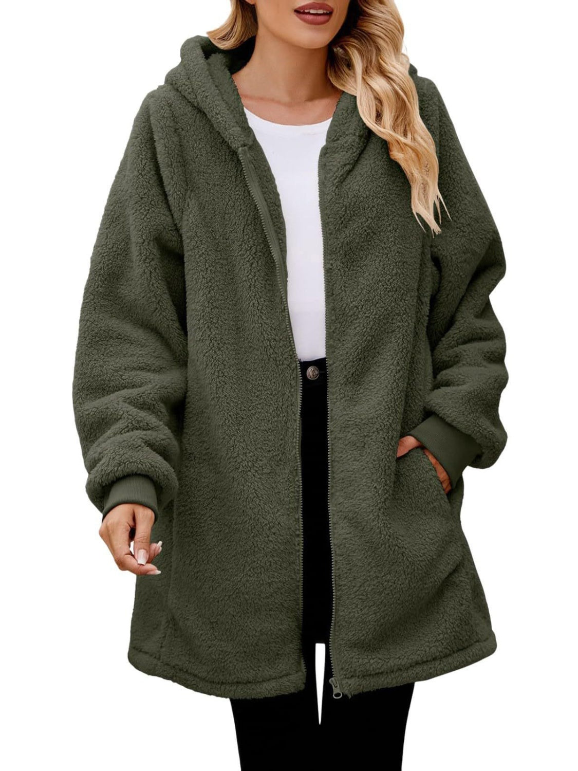 Fuzzy Pocketed Zip Up Long Sleeve Hooded Jacket Trandify Deal