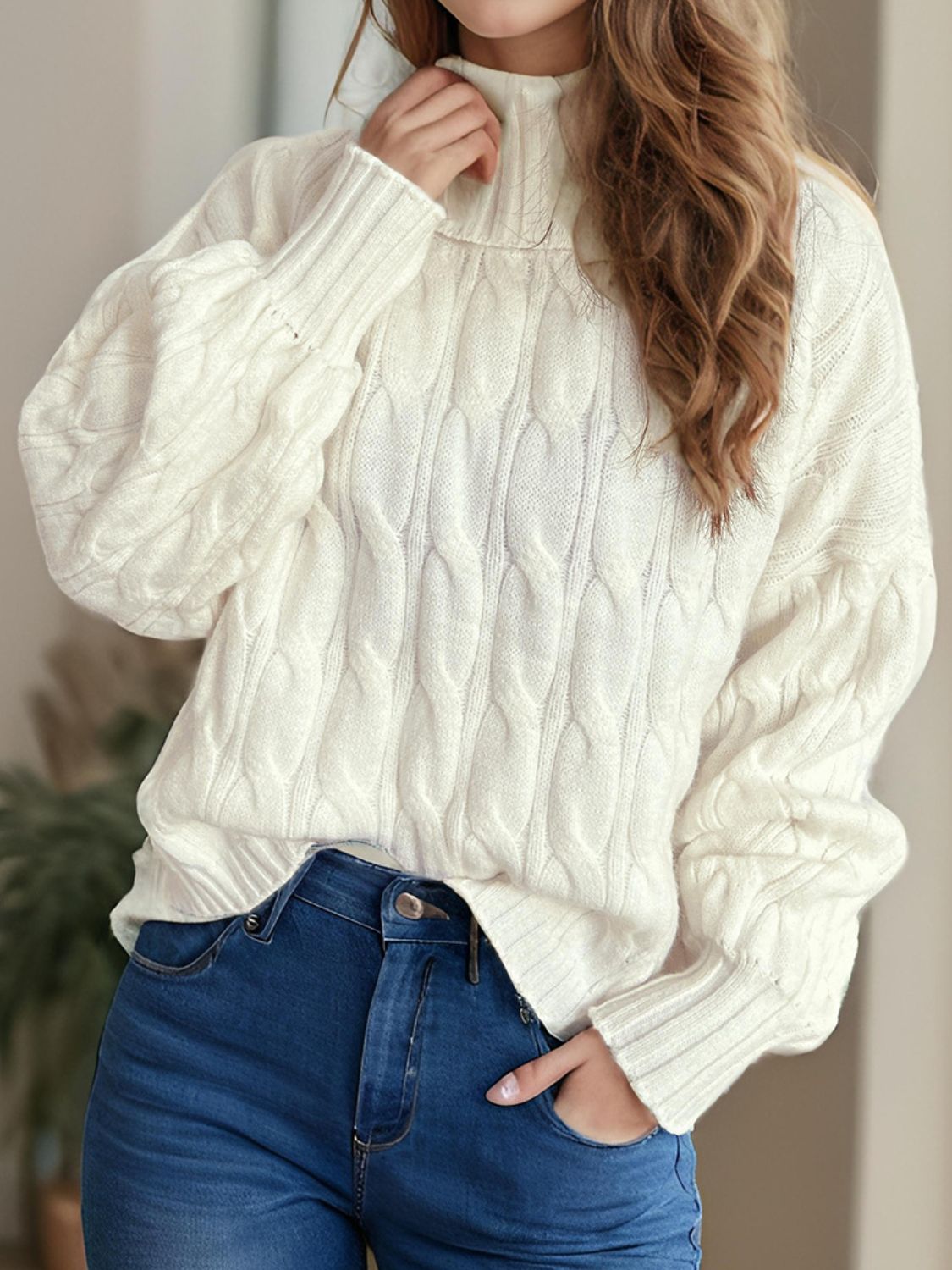Cable-Knit Turtleneck Long Sleeve Sweater Trandify Deal