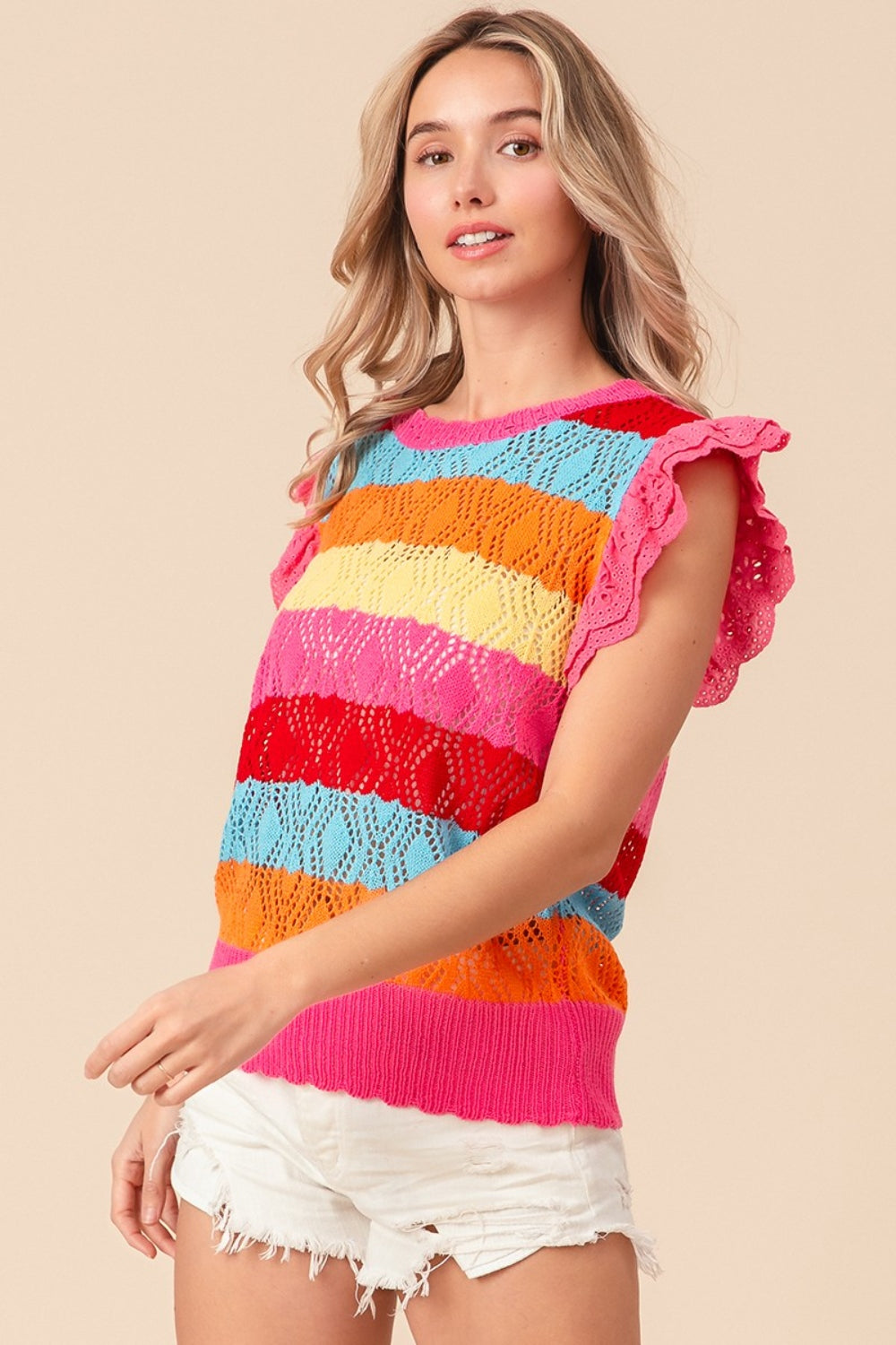 BiBi Pointelle Striped Ruffled Knit Top Trandify deal