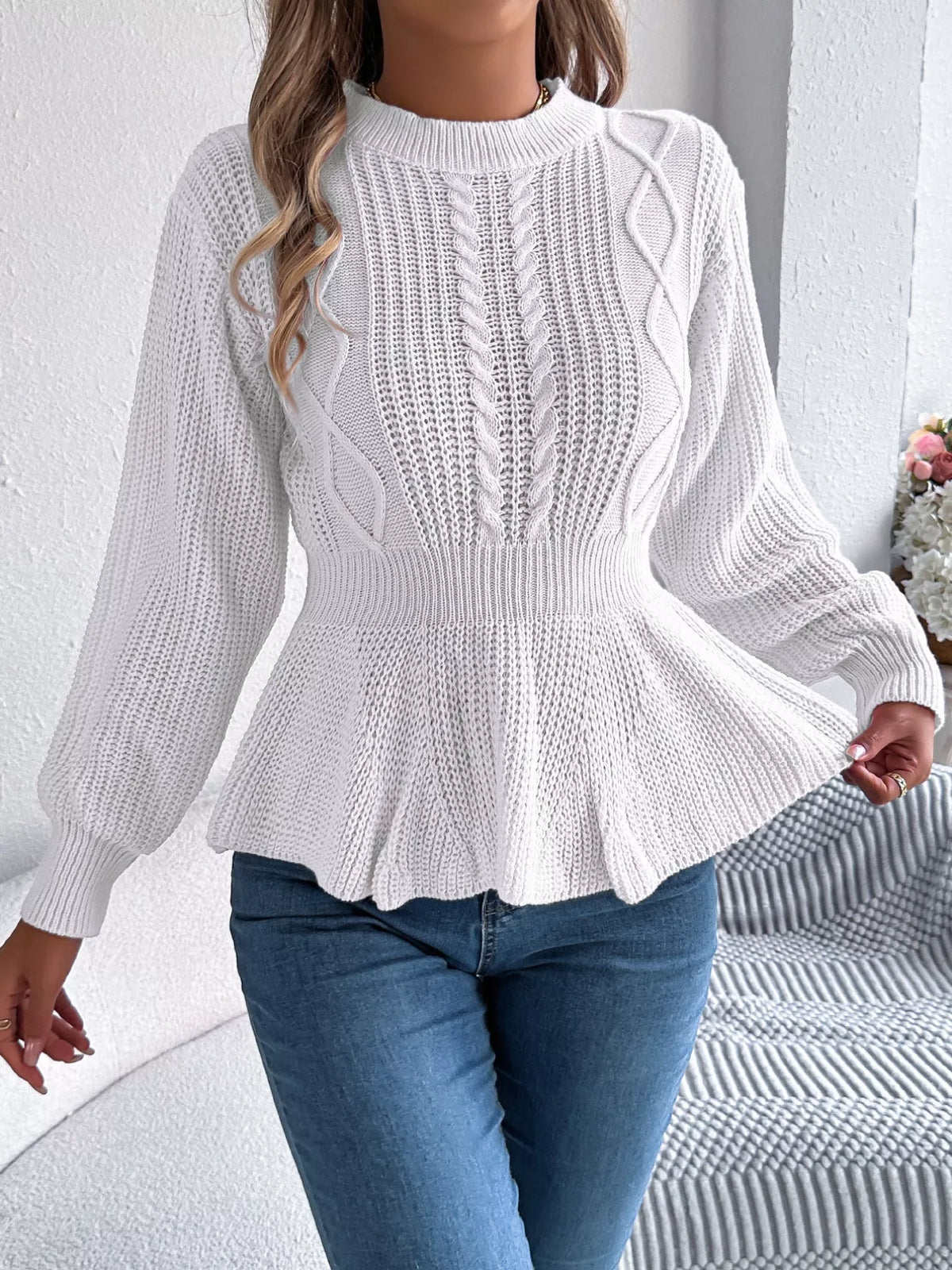 Women's Cable Knit Peplum Sweater | Cozy Acrylic Top