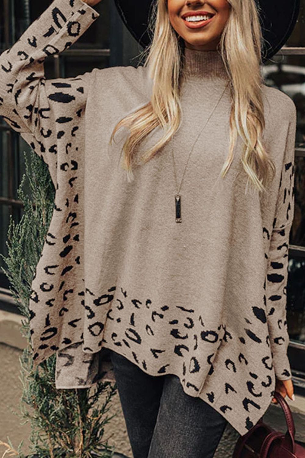 Slit Leopard Mock Neck Dropped Shoulder Sweater Trandify Deal