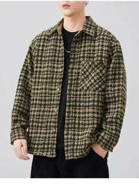 Men's Plus Size Shirt Jacket laid flat on a rustic background