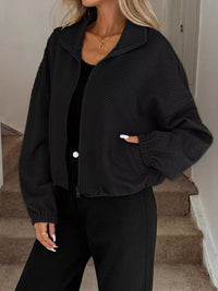 Women's Ribbed Drawstring Jacket - Casual Long Sleeve Zip-Up