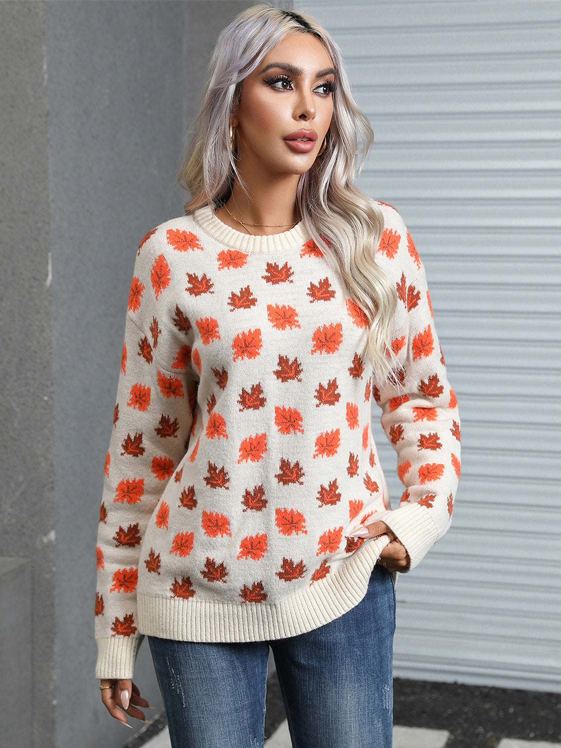 Angel Wings Maple Leaf Round Neck Long Sleeve Sweater Trandify Deal