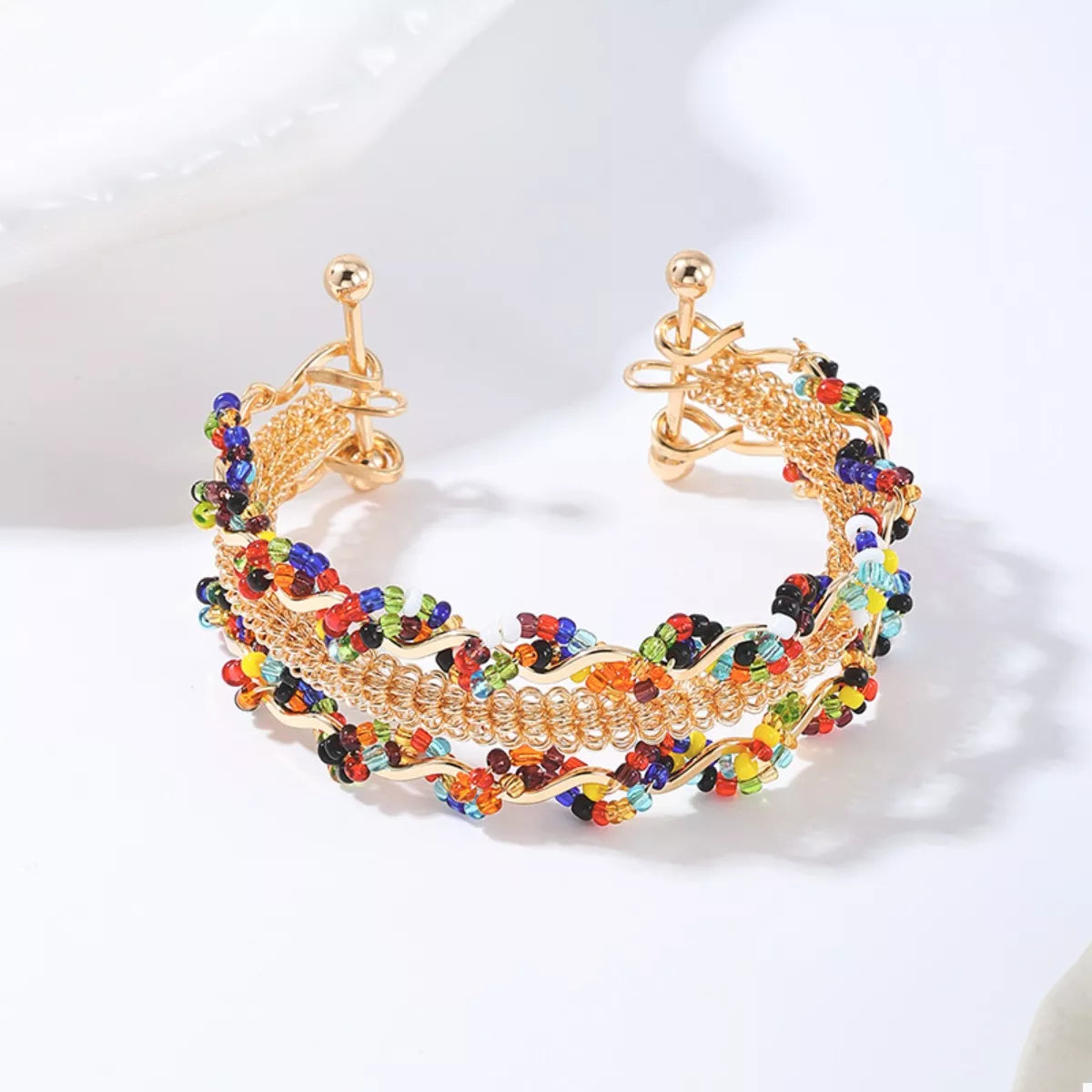 18K Gold Plated Three-Layer Bracelet Stack on a wrist, showing the dainty layered chain design.