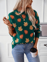 Maple Leaf Round Neck Long Sleeve Sweater Trandify Deal
