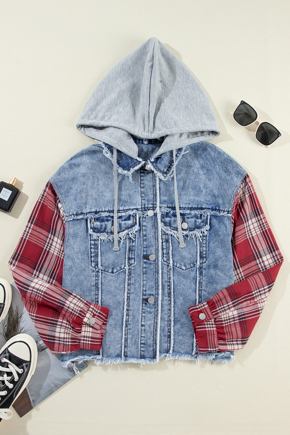 Raw Hem Drawstring Plaid Denim Jacket Trandify Deal
