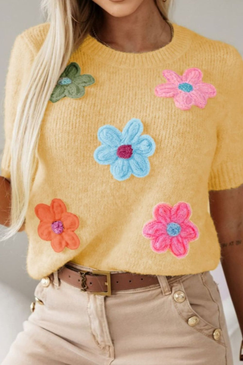 Flower Round Neck Short Sleeve Sweater Trandify deal