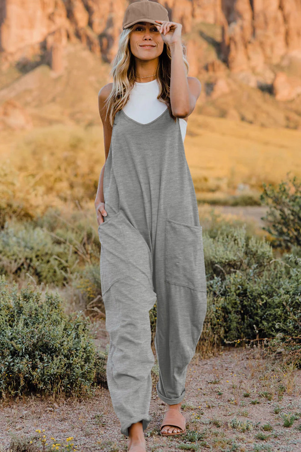 Double Take Full Size V-Neck Sleeveless Jumpsuit with Pockets - Trandify Deal