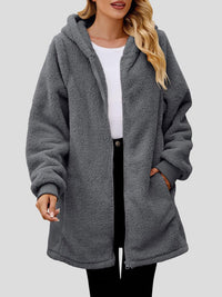 Fuzzy Pocketed Zip Up Long Sleeve Hooded Jacket Trandify Deal