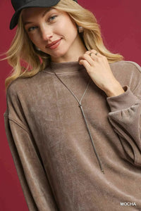 Women's plush velour oversized sweatshirt with large balloon sleeves, shown in Mocha