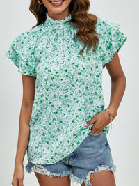 Ditsy Floral Mock Neck Flounce Sleeve Blouse Trandify deal