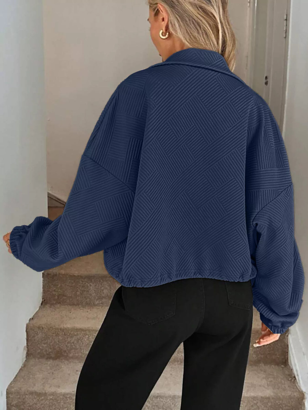 Women's Ribbed Drawstring Jacket - Casual Long Sleeve Zip-Up