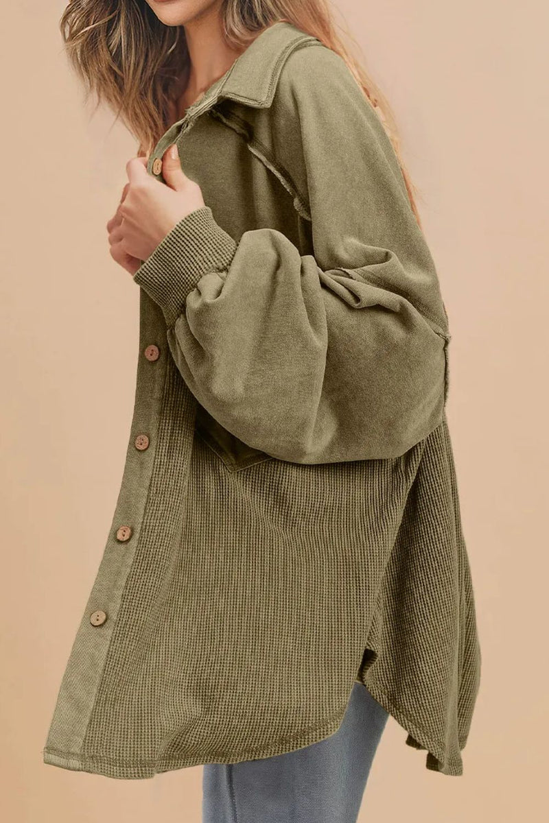 Waffle-Knit Collared Neck Long Sleeve Shacket Trandify Deal