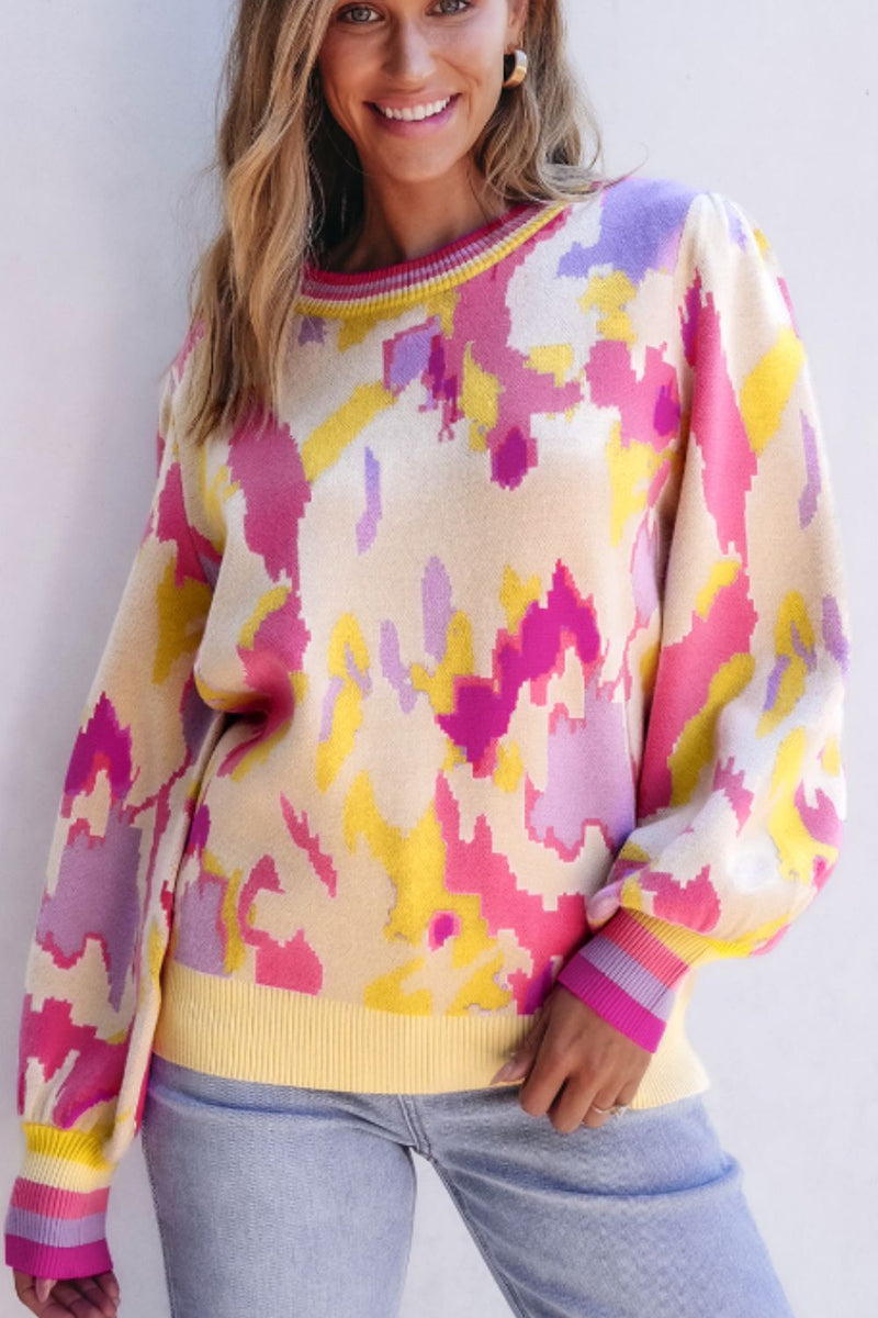 Contrast Round Neck Long Sleeve Sweater Trandify deal