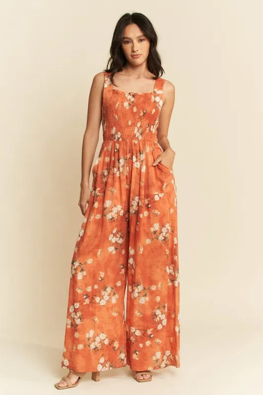 Floral Ruffle Jumpsuit with square neck and smocked bodice by Davi & Dani