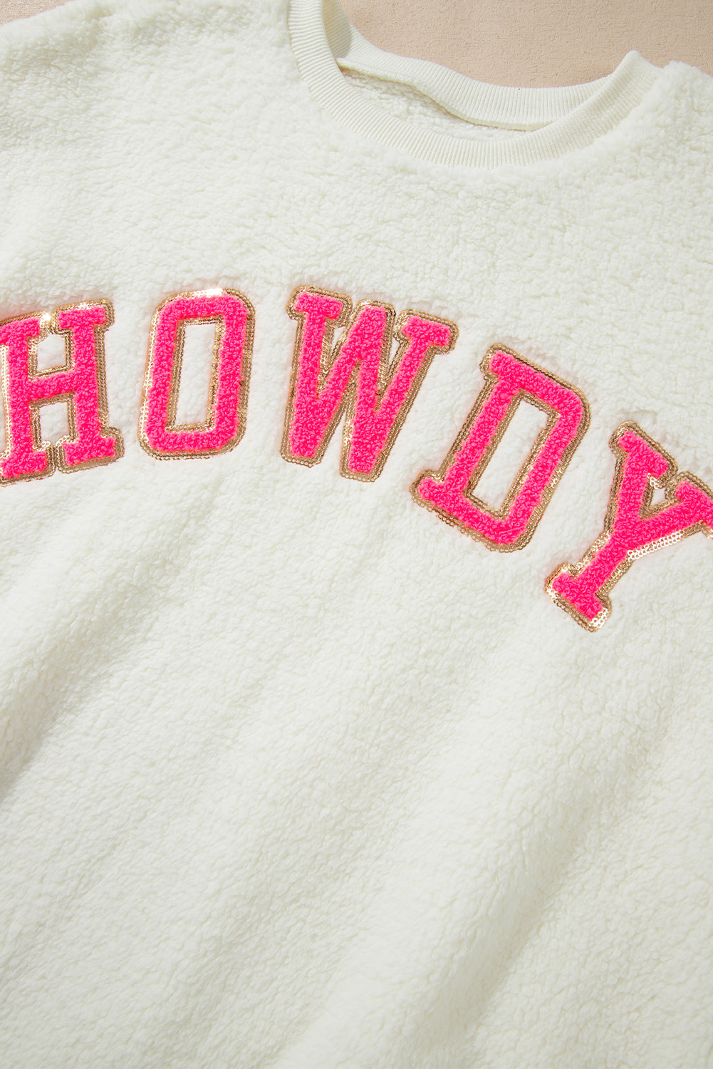 HOWDY Patched Round Neck Sherpa Sweatshirt Trandify Deal