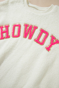 HOWDY Patched Round Neck Sherpa Sweatshirt Trandify Deal