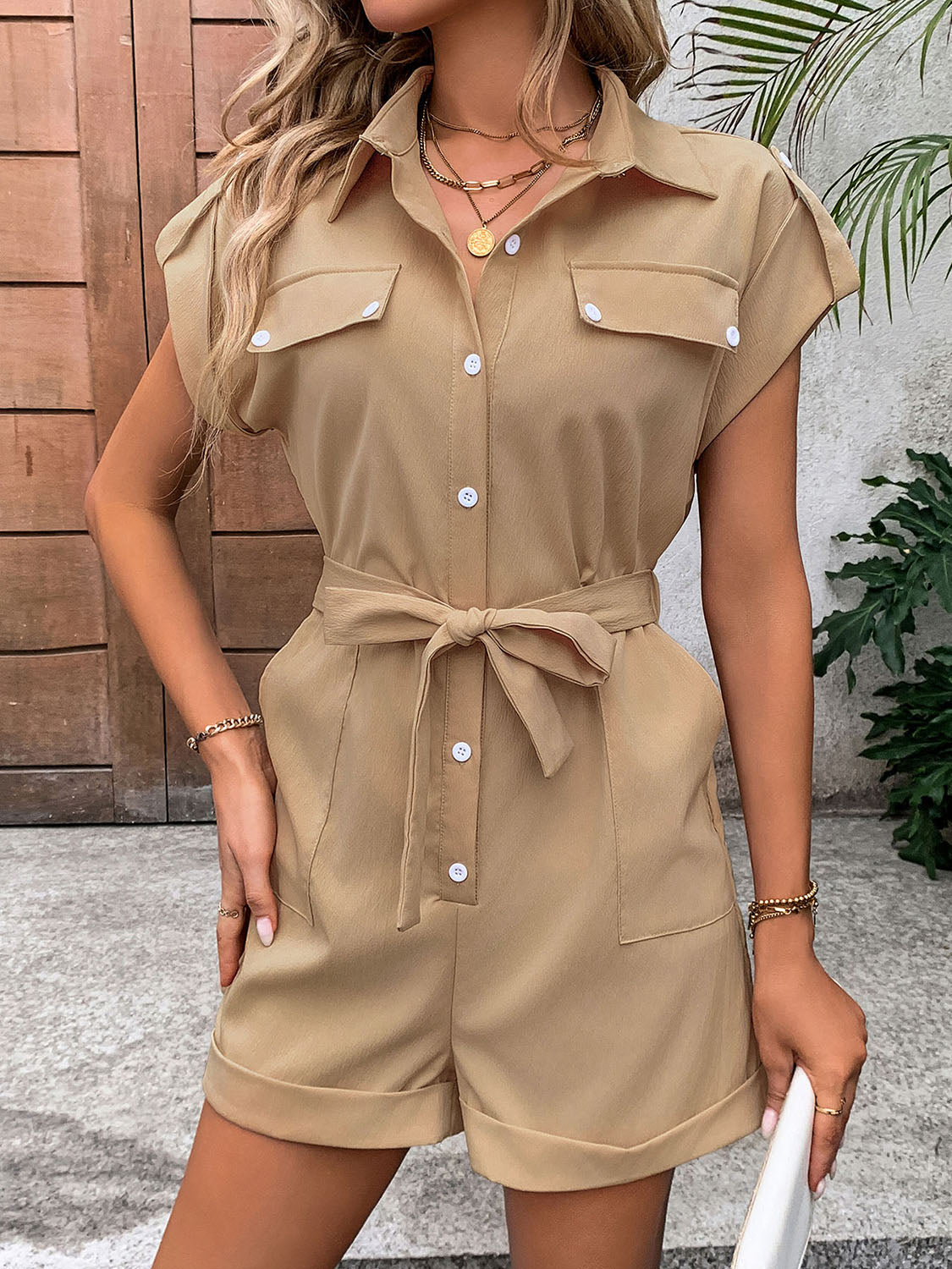 Collared Neck Tie Waist Romper with Pockets Trandify deal