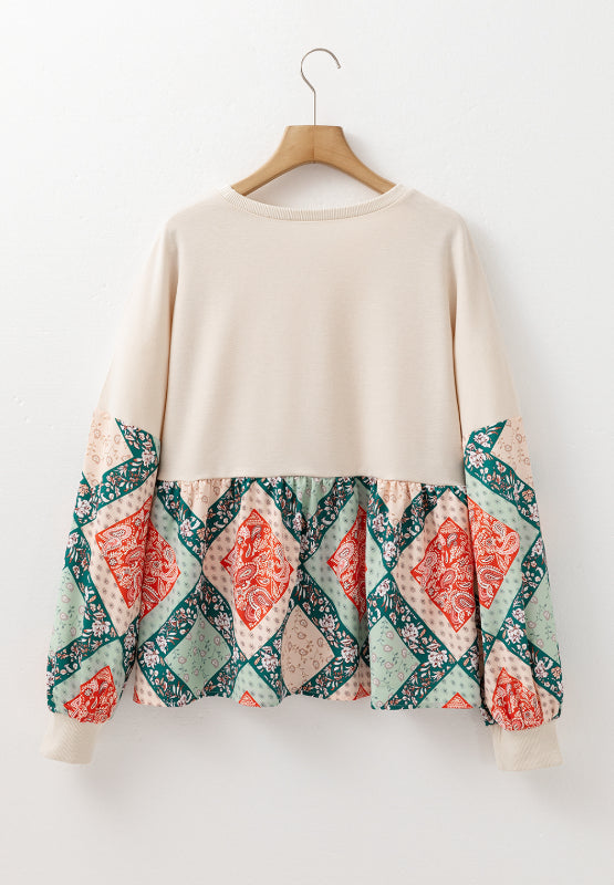 Printed Round Neck Long Sleeve Blouse Trandify Deal