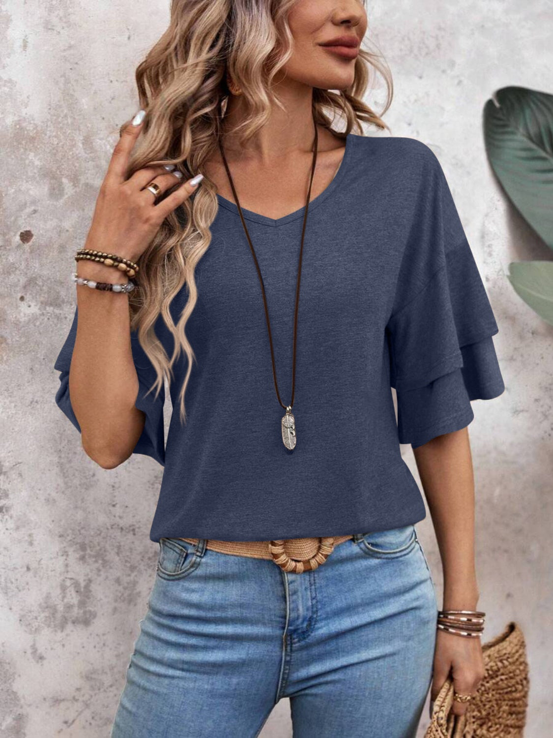 V-Neck Half Sleeve Blouse - Trandify Deal